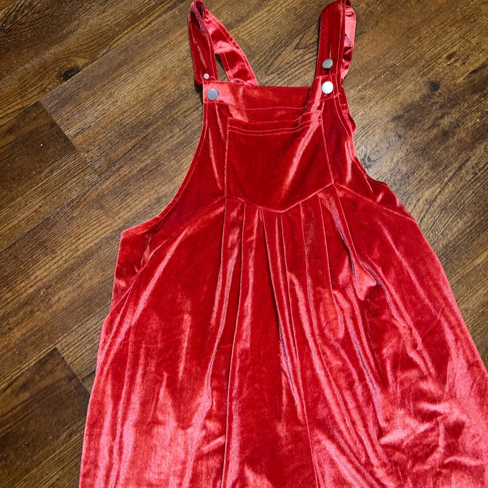 Red Velvet Wide-Leg Chic Boho Bib Jumpsuit Overalls With Silver Buttons Size L - Picture 9 of 13